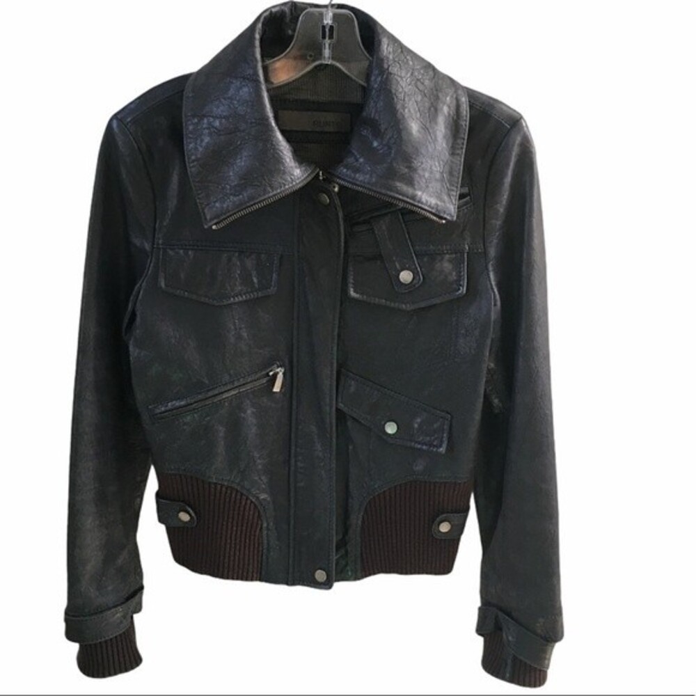 Punto Navy Leather Bomber Motto Jacket US 4